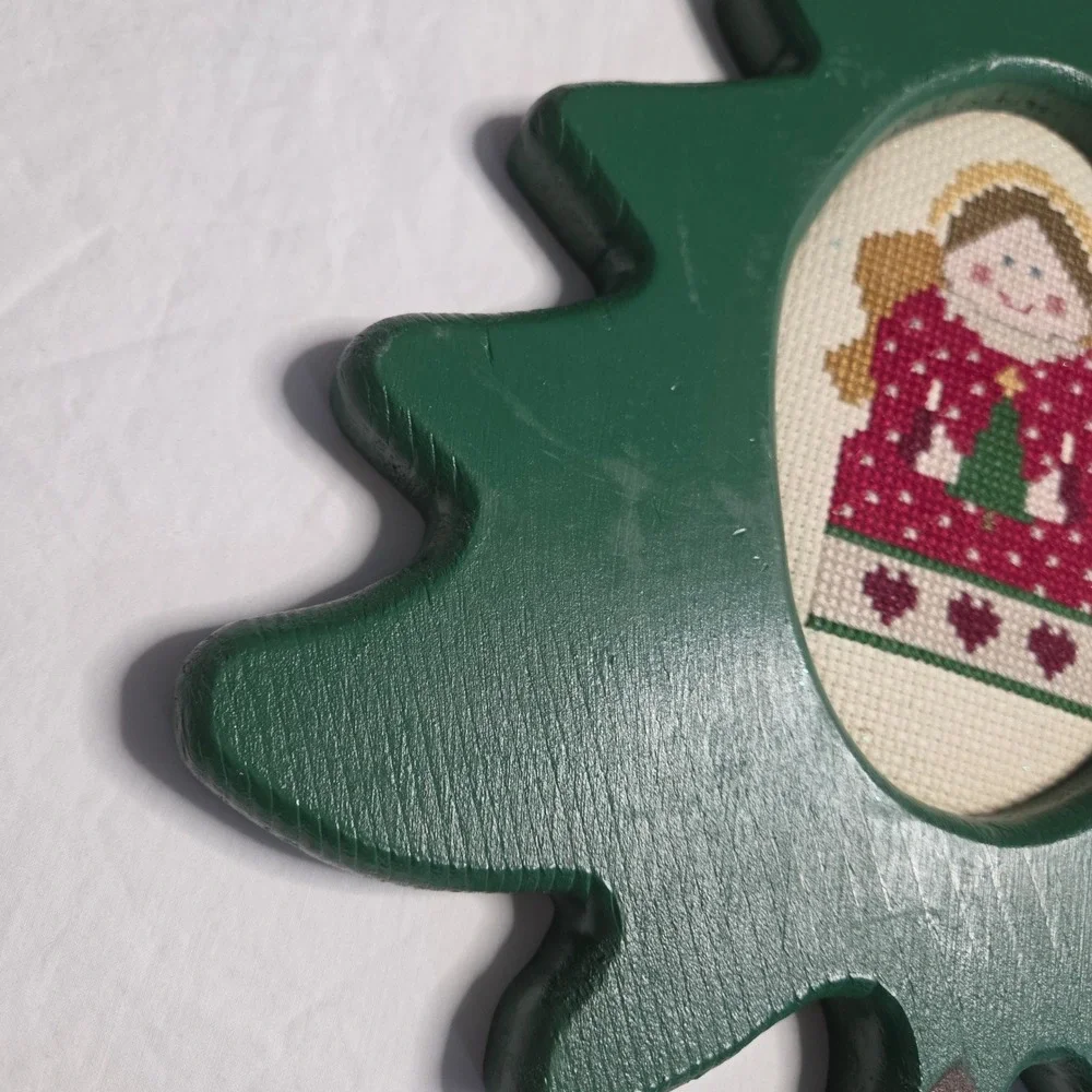 Handmade Painted Christmas Angel CrossStitch Wall Decor Wooden Tree Shaped Frame
